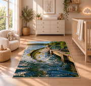 Bass jumping by dock rug in a nursery beside a crib and dresser