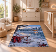 Frozen lake winter scene rug in a nursery beside a crib and dresser