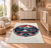 Lake house badge emblem rug in a nursery beside a crib and dresser