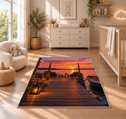 Dock with string lights at sunset rug in a nursery beside a crib and dresser