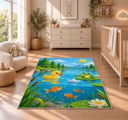 Cartoon pond with duck and frog rug in a nursery beside a crib and dresser