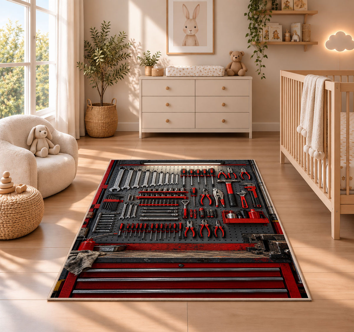 Mechanic tool pegboard rug in a nursery beside a crib and dresser