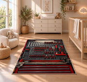 Mechanic tool pegboard rug in a nursery beside a crib and dresser
