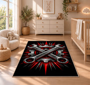 Crossed wrenches and gear rug in a nursery beside a crib and dresser