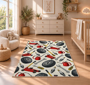 Auto repair tools pattern rug in a nursery beside a crib and dresser
