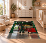 Classic car on a garage lift rug in a nursery beside a crib and dresser