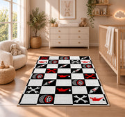 Checkered racing garage rug in a nursery beside a crib and dresser