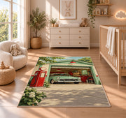 Retro garage with gas pump rug in a nursery beside a crib and dresser