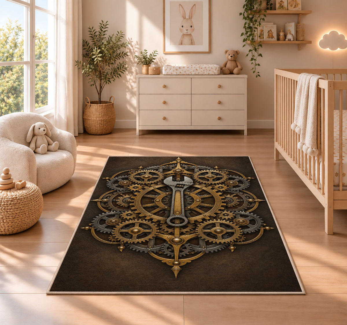 Copper gear mandala rug in a nursery beside a crib and dresser