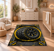 Tire with tire tracks rug in a nursery beside a crib and dresser