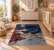 Mechanic working under a car rug in a nursery beside a crib and dresser
