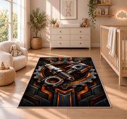 Spark plug and piston emblem rug in a nursery beside a crib and dresser