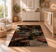 Old pickup truck in a rustic garage rug in a nursery beside a crib and dresser