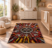 Tools radiating around a gear rug in a nursery beside a crib and dresser
