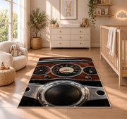 Vintage dashboard gauges rug in a nursery beside a crib and dresser