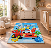 Cartoon tools with smiling faces rug in a nursery beside a crib and dresser