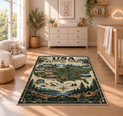 Vintage USA national parks map rug in a nursery with a wooden floor
