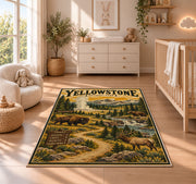 Yellowstone travel poster with bison and elk rug in a nursery with a wooden floor