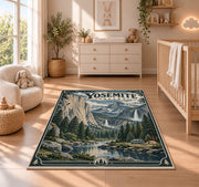 Yosemite Valley travel poster rug in a nursery with a wooden floor