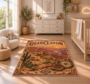 Grand Canyon sunset travel poster rug in a nursery with a wooden floor