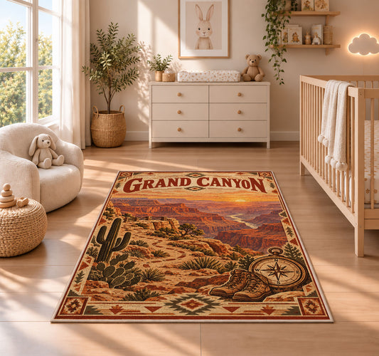 Grand Canyon sunset travel poster rug in a nursery with a wooden floor