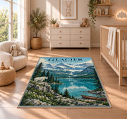 Glacier National Park turquoise lake rug in a nursery with a wooden floor