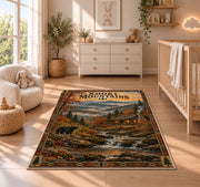 Smoky Mountains autumn cabin poster rug in a nursery with a wooden floor