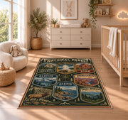 Vintage national parks badge collection rug in a nursery with a wooden floor