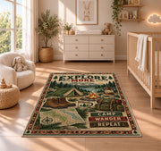 Explore More camping gear rug in a nursery with a wooden floor