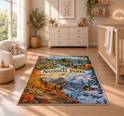 National parks through the seasons rug in a nursery with a wooden floor