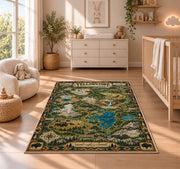Illustrated Yellowstone park map rug in a nursery with a wooden floor