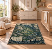 Illustrated Yosemite Valley map rug in a nursery with a wooden floor