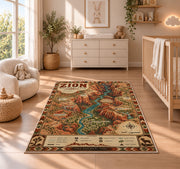 Illustrated Zion National Park map rug in a nursery with a wooden floor