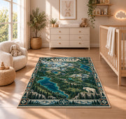 Illustrated Glacier National Park map rug in a nursery with a wooden floor