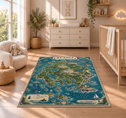 Illustrated Acadia coastal map rug in a nursery with a wooden floor