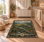 Illustrated Great Smoky Mountains map rug in a nursery with a wooden floor