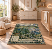 Illustrated Rocky Mountain park map rug in a nursery with a wooden floor