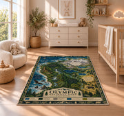 Illustrated Olympic National Park map rug in a nursery with a wooden floor