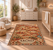 Illustrated Arches National Park map rug in a nursery with a wooden floor