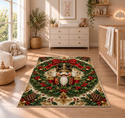 Nutcracker Wreath Christmas Rug in a nursery beside a crib and dresser
