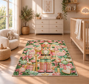 Pastel Pink Nutcracker Rug in a nursery beside a crib and dresser