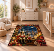 Nutcracker Window Christmas Rug in a nursery beside a crib and dresser