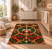 Nutcracker Crest Christmas Rug in a nursery beside a crib and dresser