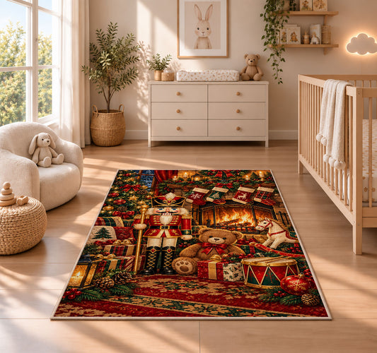 Nutcracker Fireplace Christmas Rug in a nursery beside a crib and dresser