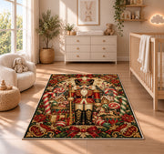 Vintage Nutcracker Rug in a nursery beside a crib and dresser