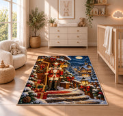 Nutcracker Snowy Cabin Rug in a nursery beside a crib and dresser