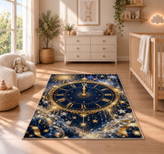 Midnight clock fireworks rug in a nursery beside a crib and dresser