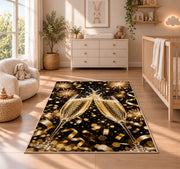 Champagne toast rug in a nursery beside a crib and dresser
