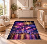 City skyline fireworks rug in a nursery beside a crib and dresser
