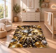 Disco ball and balloons rug in a nursery beside a crib and dresser